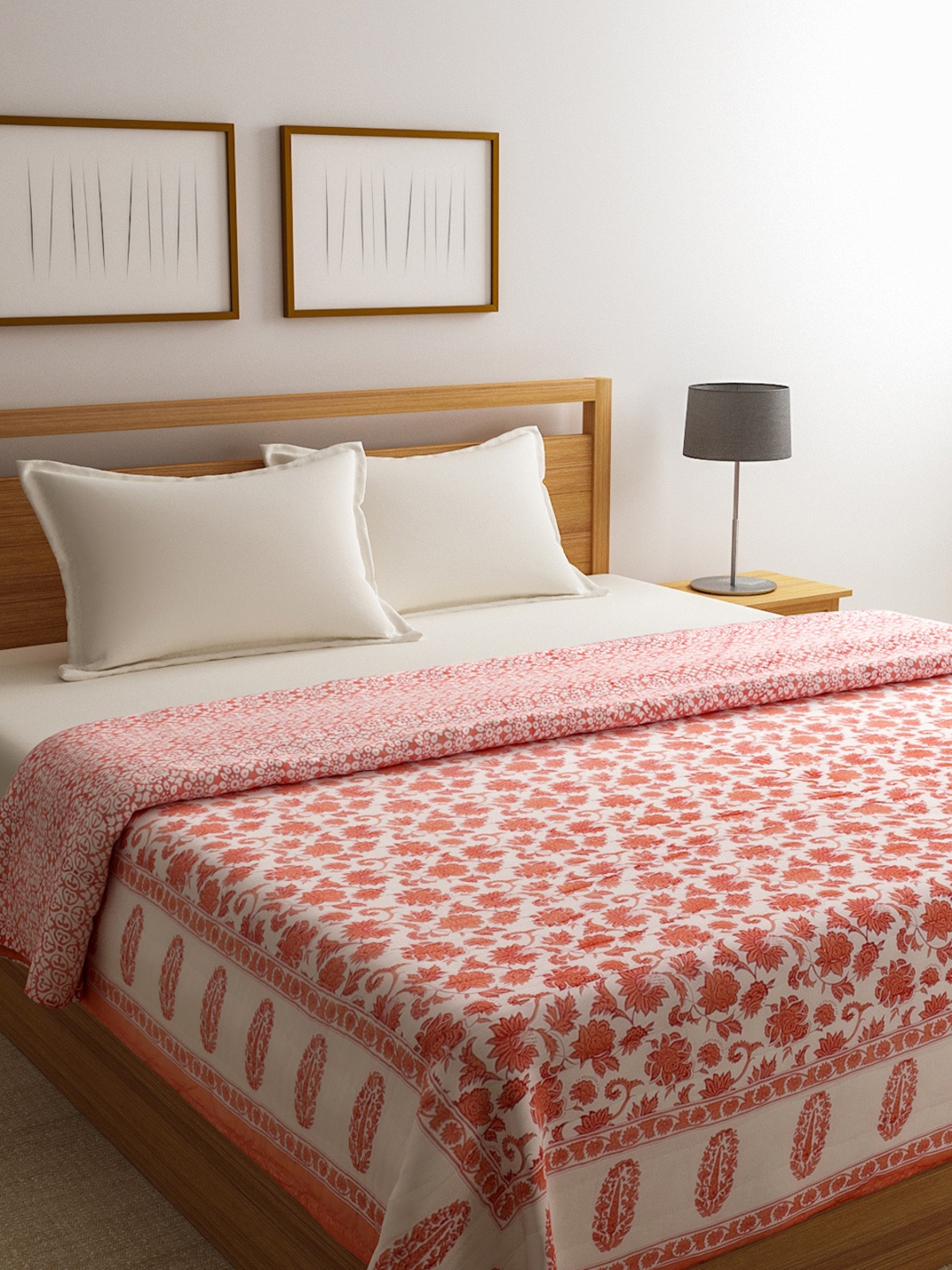

ROMEE Beige & Orange Jaipuri Printed Floral AC Room 300 GSM Double Bed Quilt