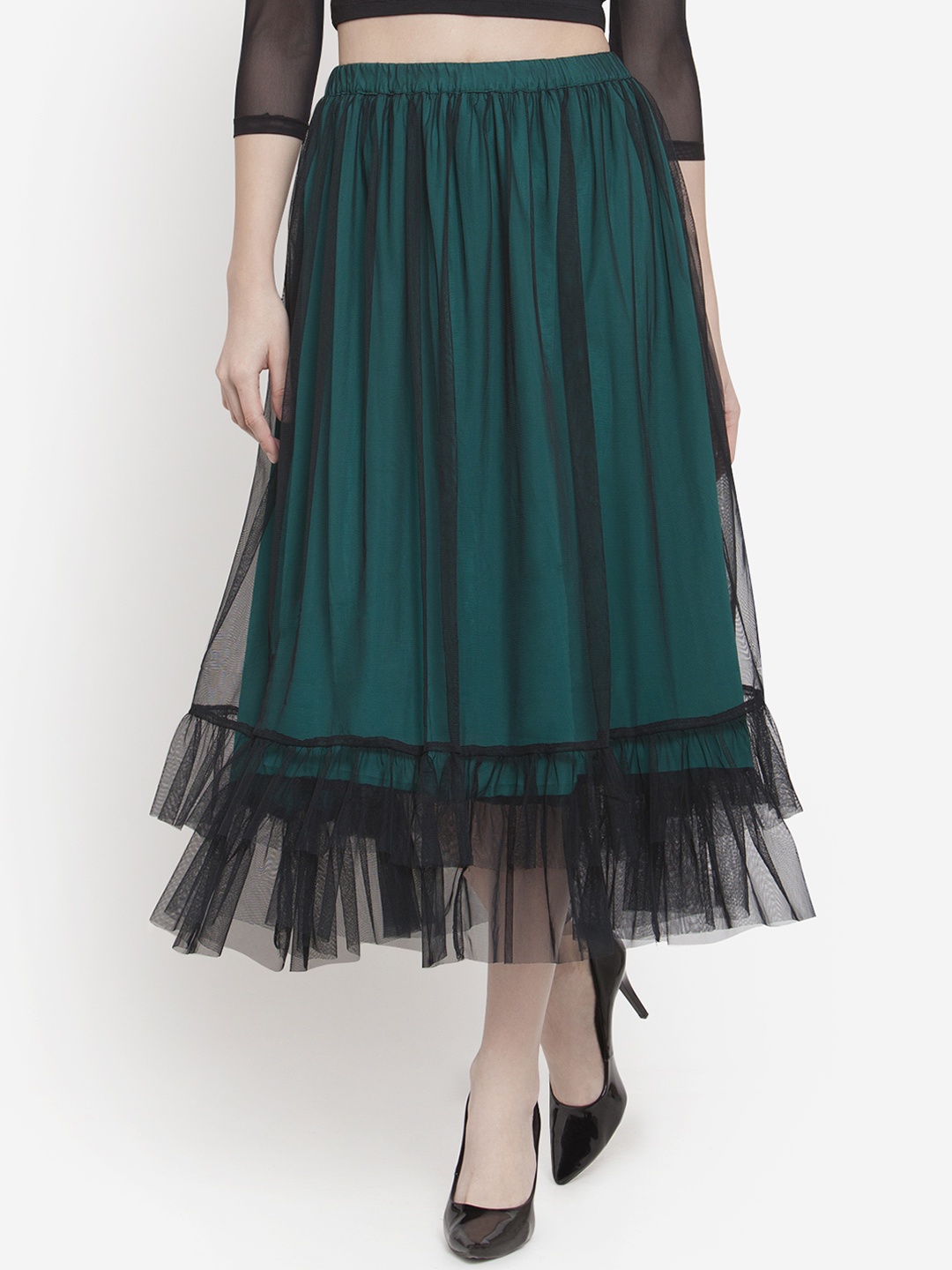 

MARTINI Women Green and Black Self Design Layered Ruffled Hem Flared Skirt