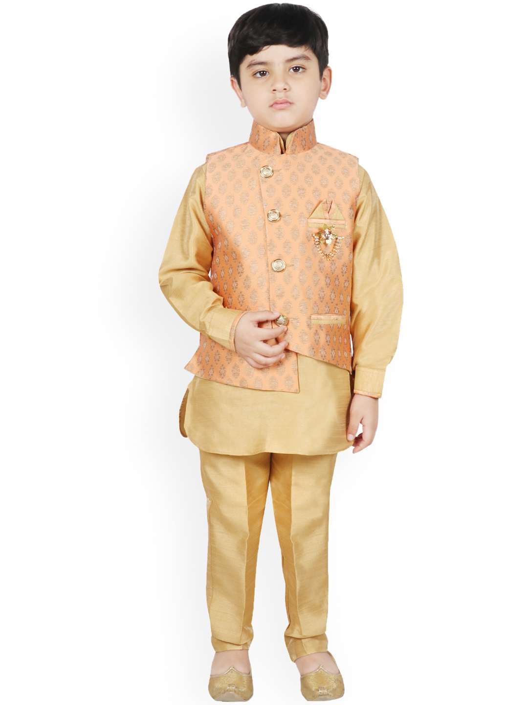 SG YUVRAJ Boys Peach-Coloured & Beige Printed Raw Silk Kurta with Trousers