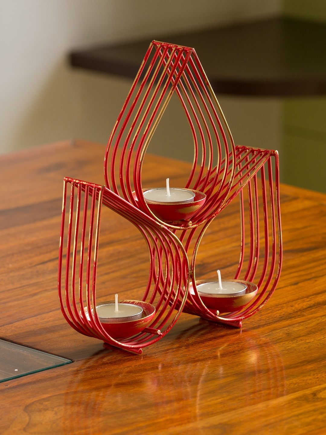 

Red Leaf-Drops' Handcrafted Table Tea-Light Holder In Iron