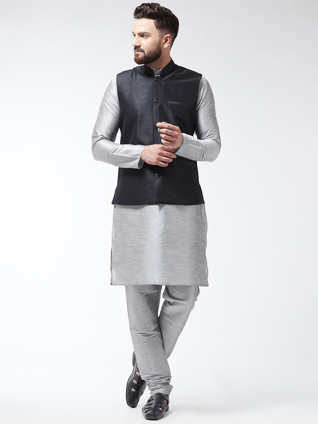 

SOJANYA Men Grey Solid Kurta And Churidar With Jacket