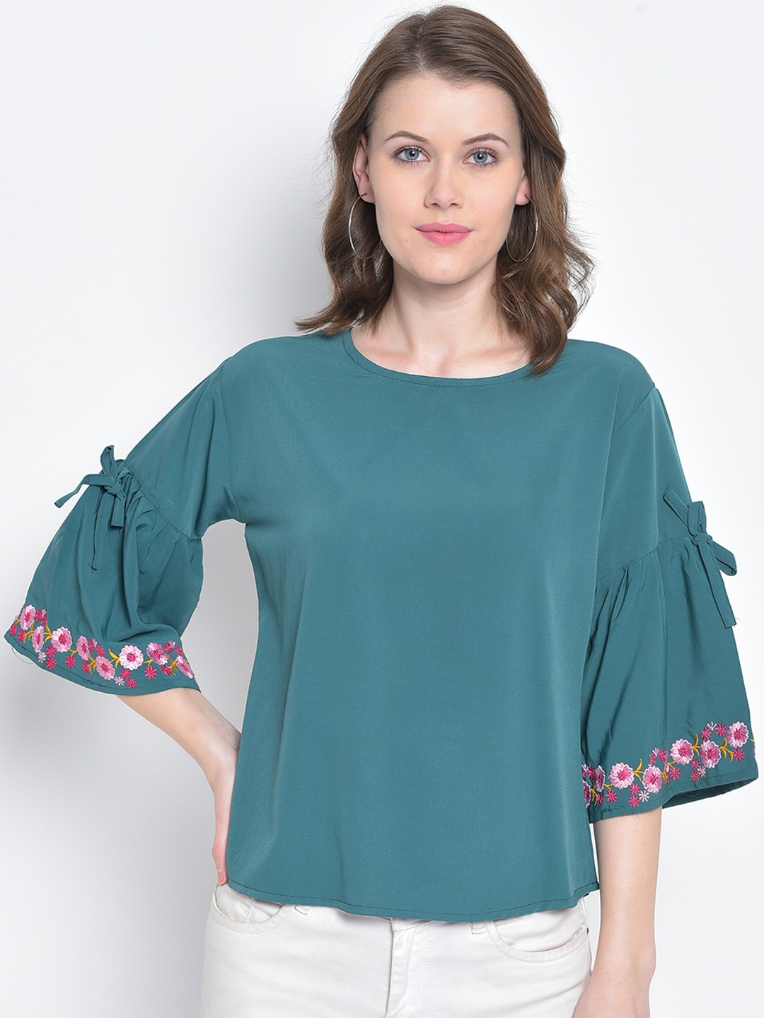 

Mayra Women Turquoise Blue Printed A-Line Top
