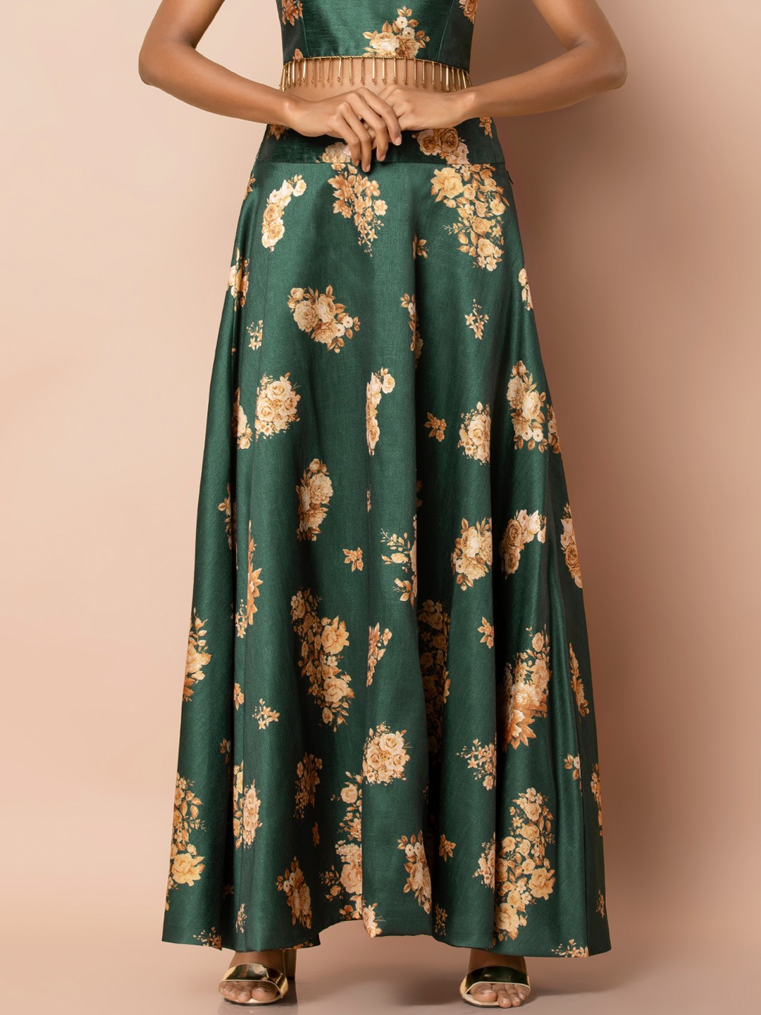 

INDYA Women Green Printed Flared Maxi Skirt