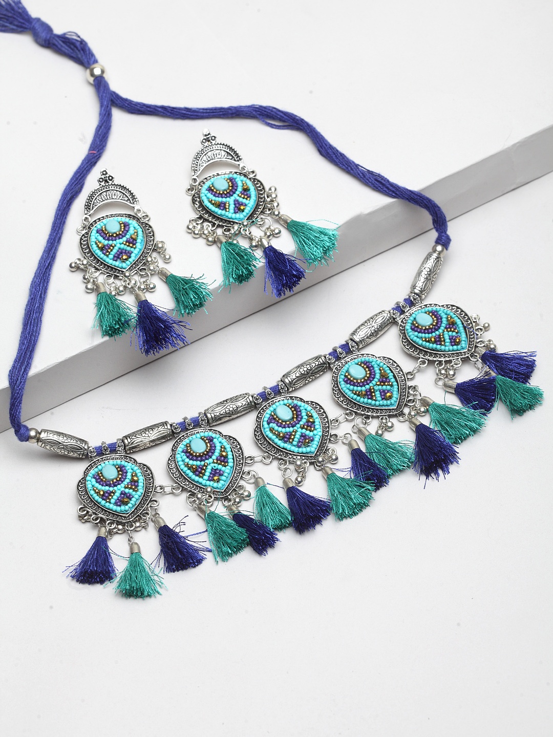 

Moedbuille Women Silver-Plated & Blue Handcrafted Jewellery Set