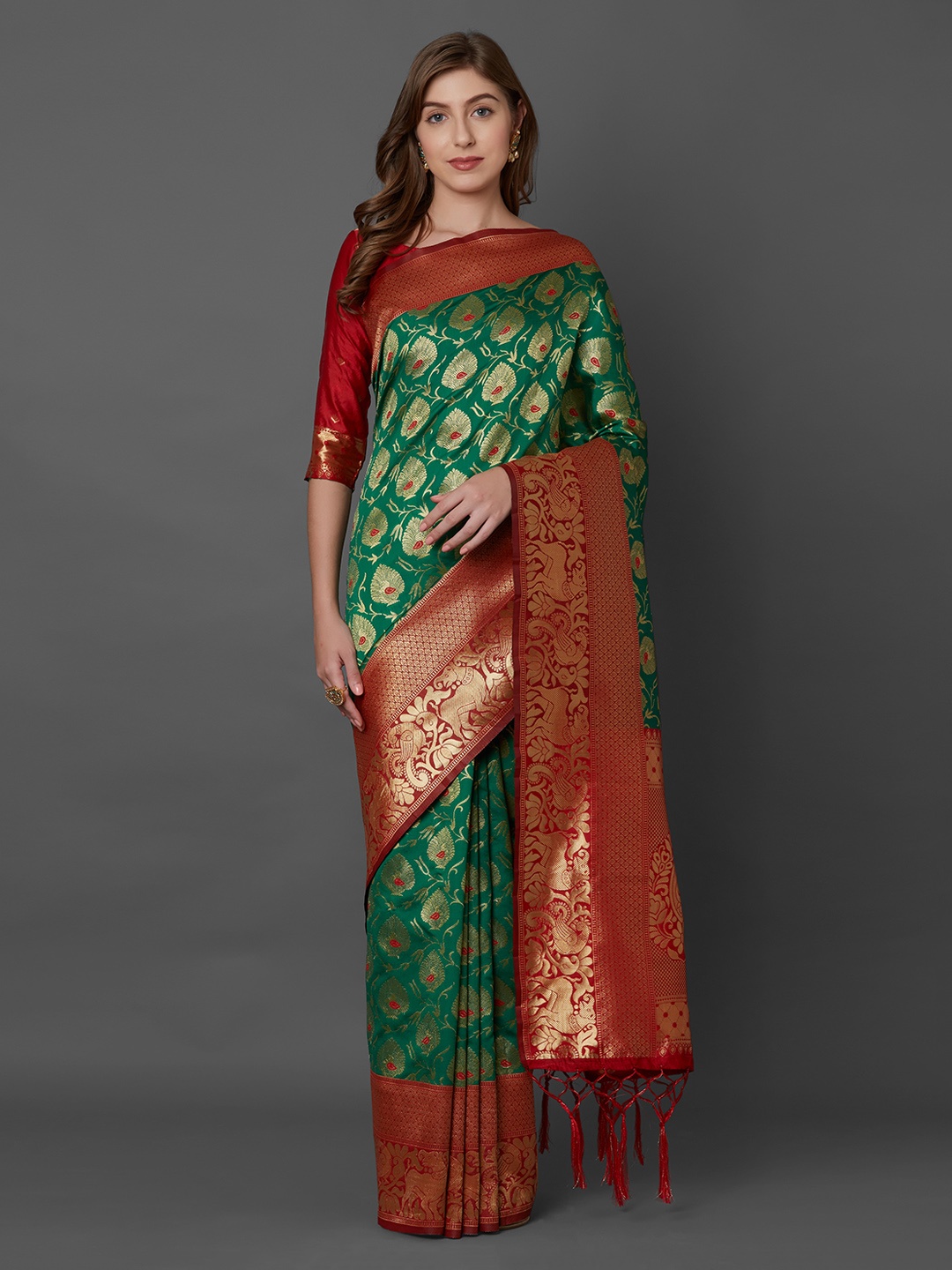 

Mitera Green Silk Blend Woven Design Banarasi Saree