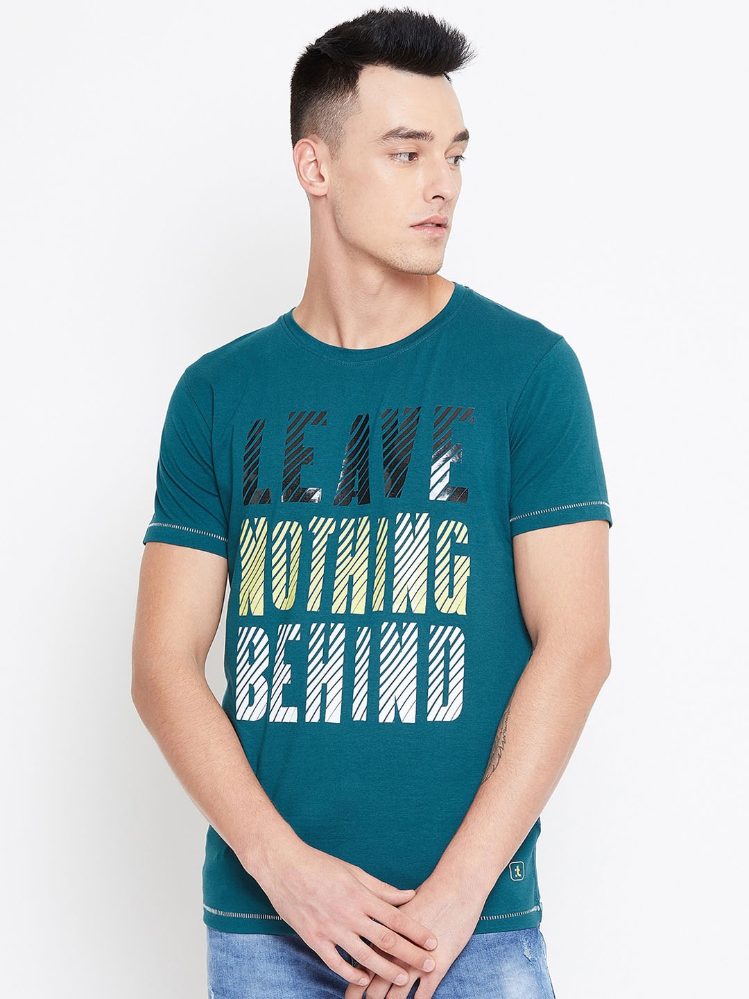 

Duke Men Teal Printed Round Neck T-shirt