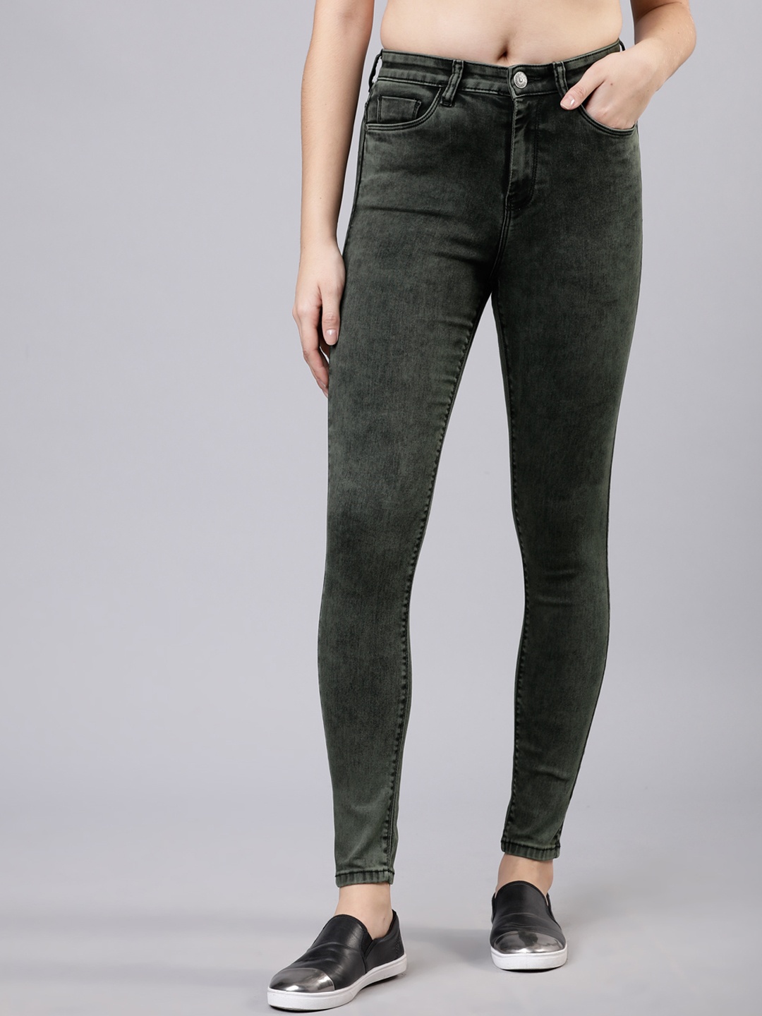 

Tokyo Talkies Women Olive Green Skinny Fit Mid-Rise Clean Look Jeans