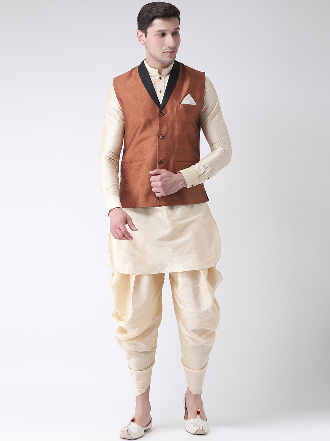 DEYANN Men Copper-Toned & Cream-Coloured Solid Kurta with Patiala