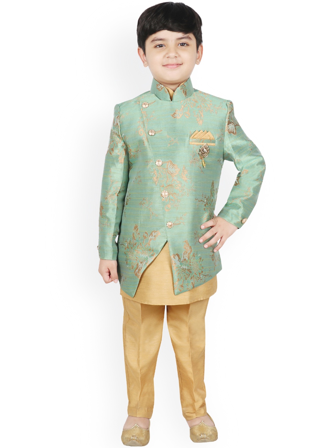 

SG YUVRAJ Boys Solid Kurta And Trousers With Jacket, Green