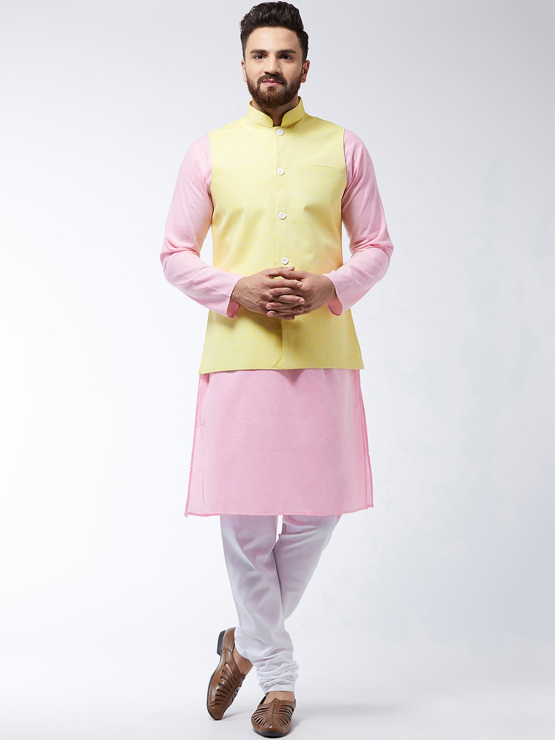 

SOJANYA Men Pink & Yellow Solid Kurta And Churidar With Jacket