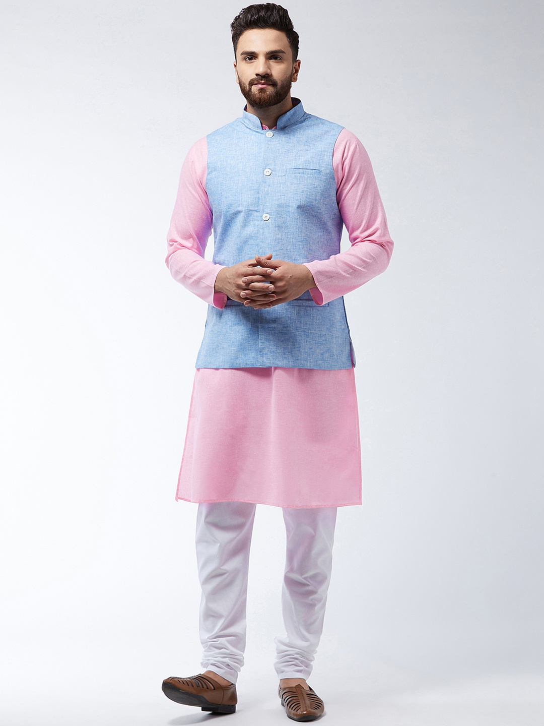 

SOJANYA Men Pink & Blue Solid Kurta And Churidar With Nehru Jacket
