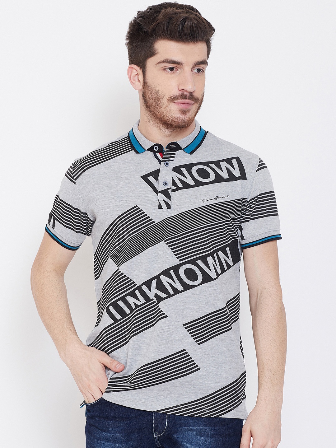 

Duke Men Grey Printed Polo Collar T-shirt