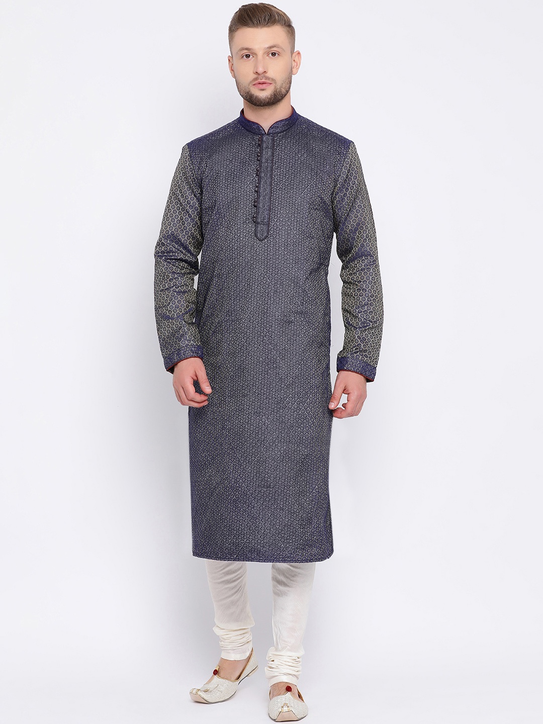 Sanwara Men Blue Woven Design Jacquard Straight Kurta