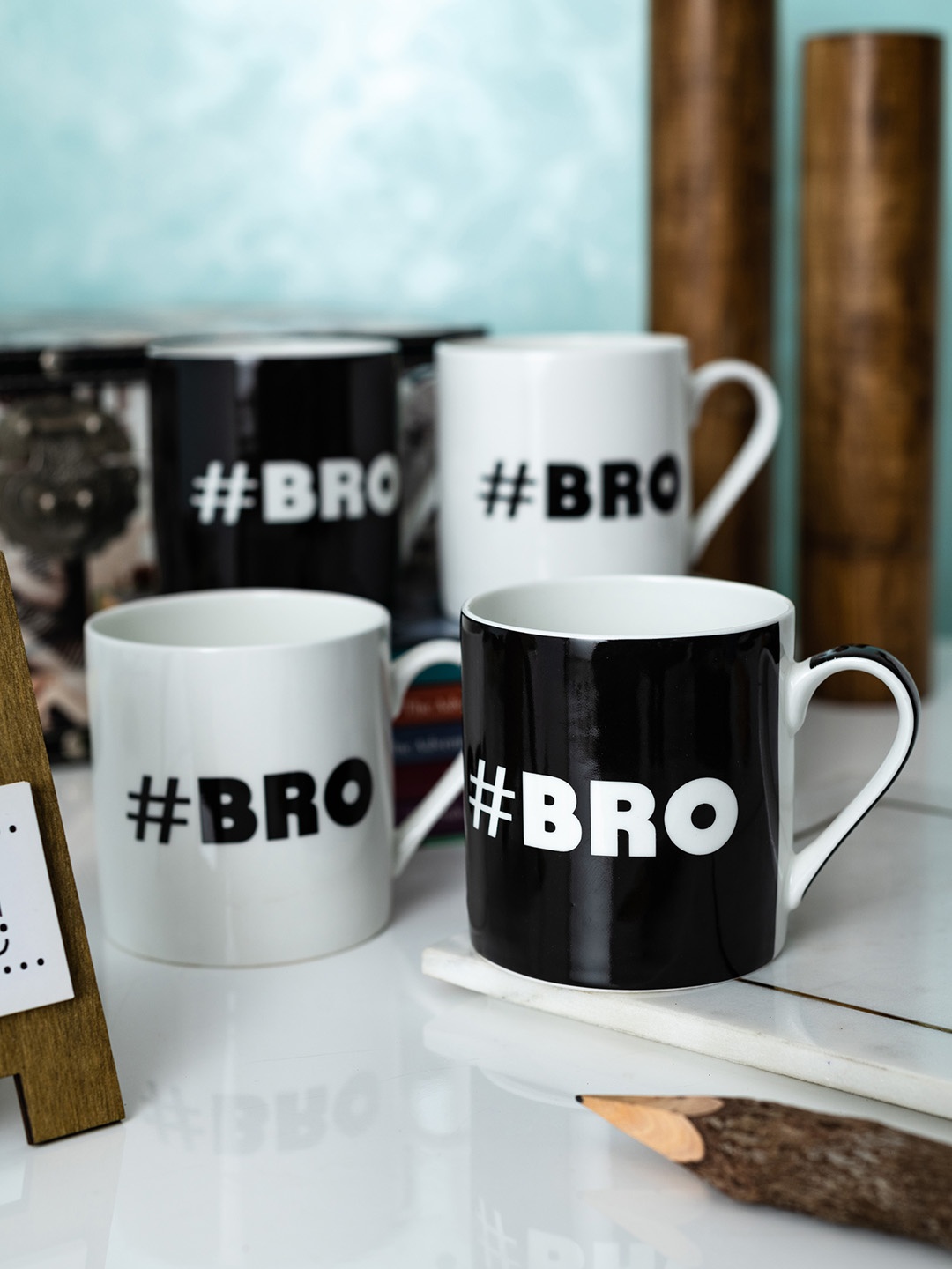

GOODHOMES Set of 4 Fine Bone China Tea Cups/ Coffee Mugs with Fun Wordings 350 ml (each), White