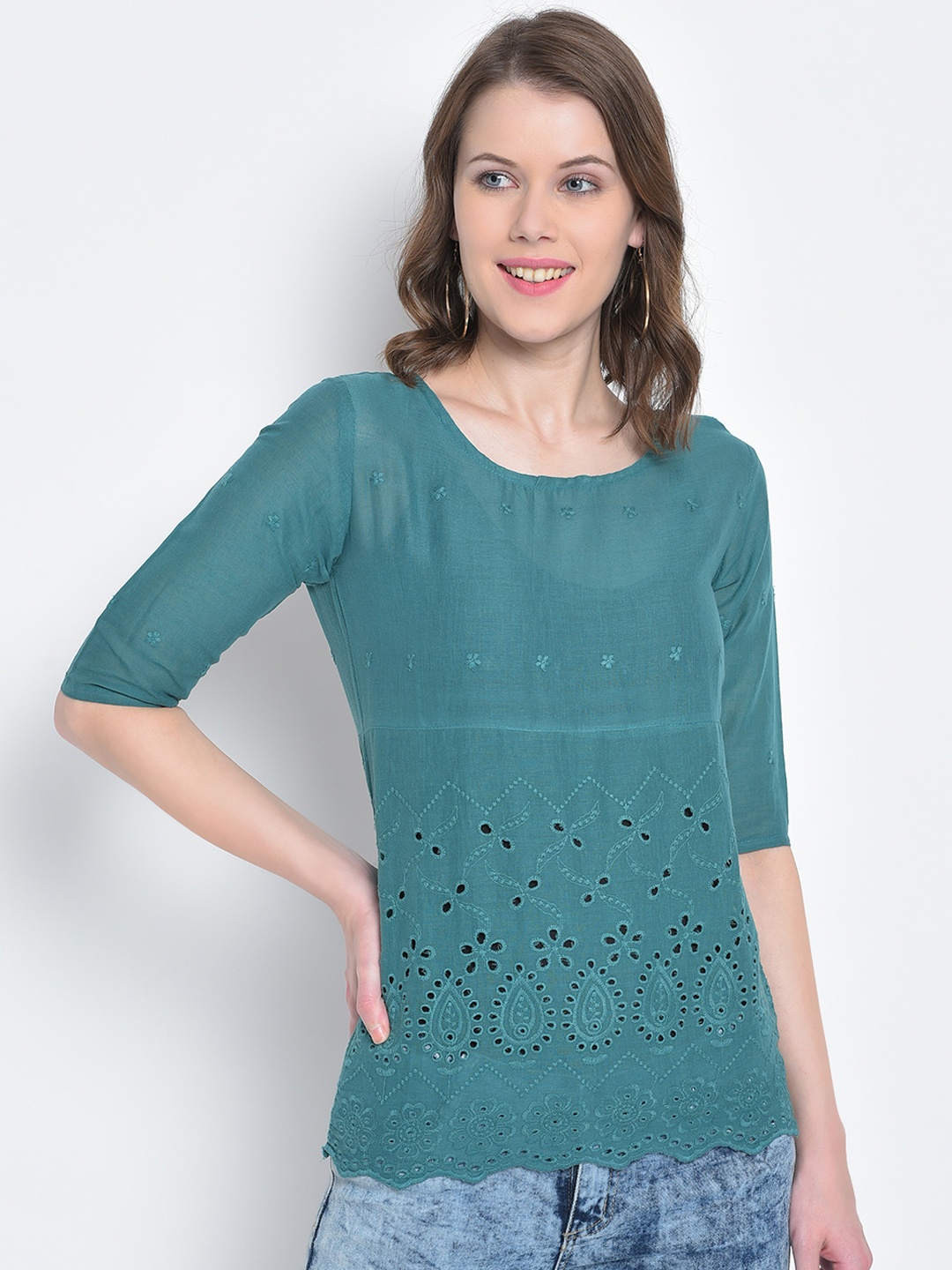 

Mayra Women Turquoise Blue Schiffli Embroidered Top
