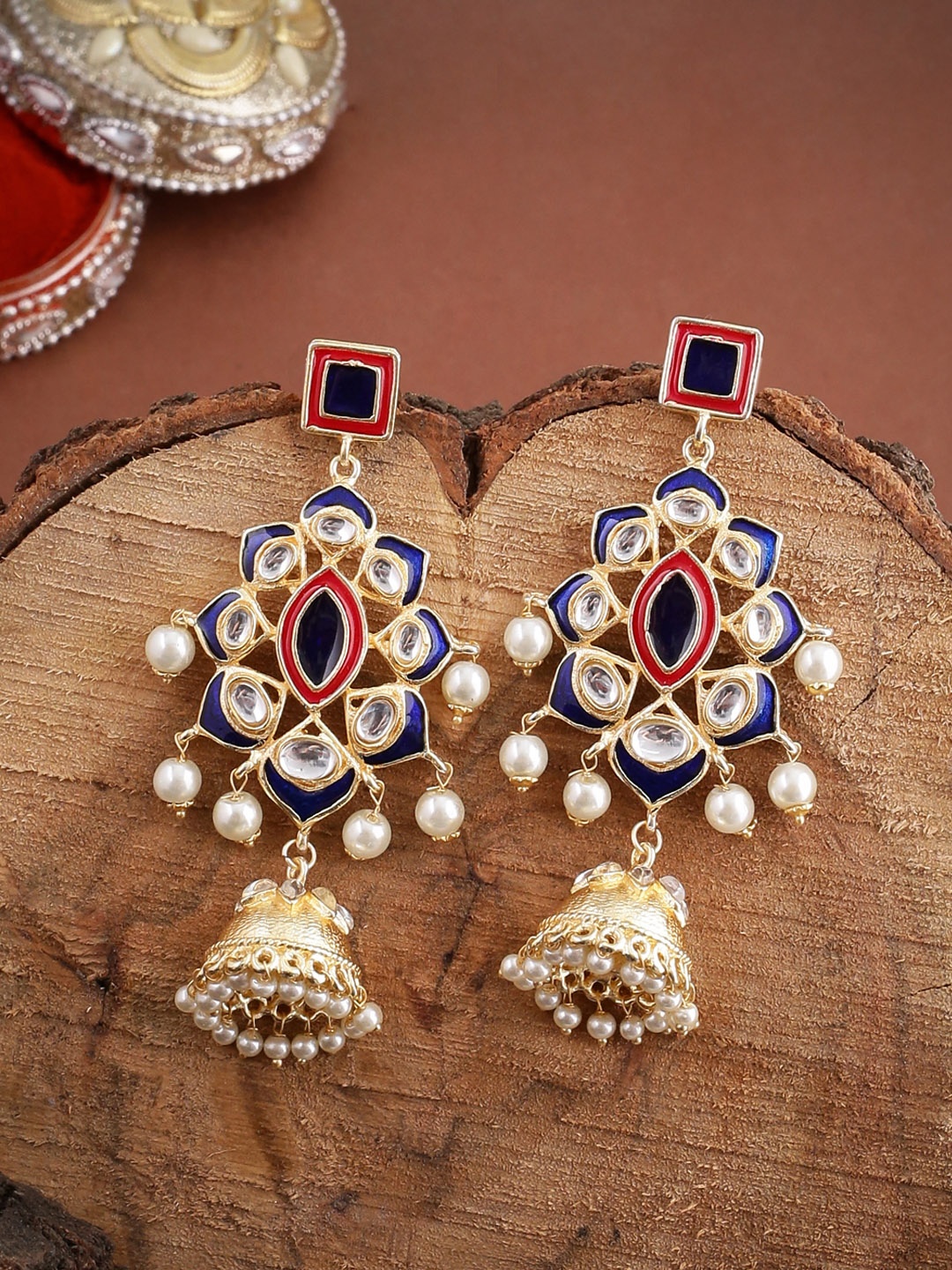 

Shoshaa Blue & Gold-Plated Kundan Embellished Dome Shaped Jhumkas