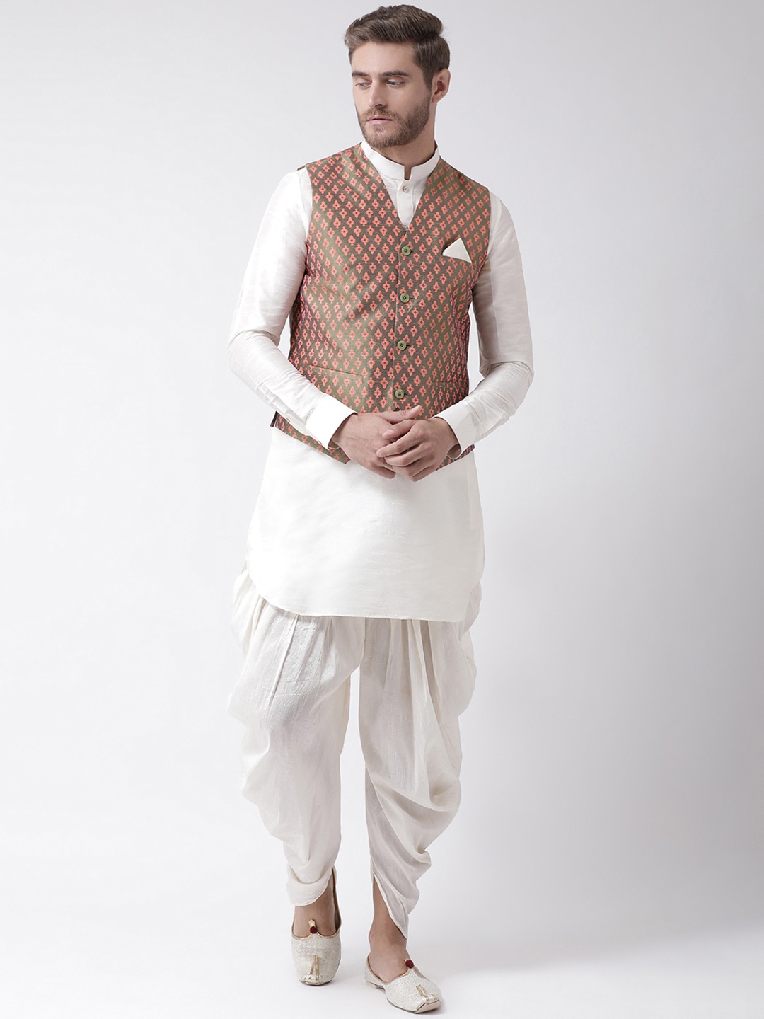 

DEYANN Men Off-White Solid Kurta with Dhoti Pants & Nehru Jacket