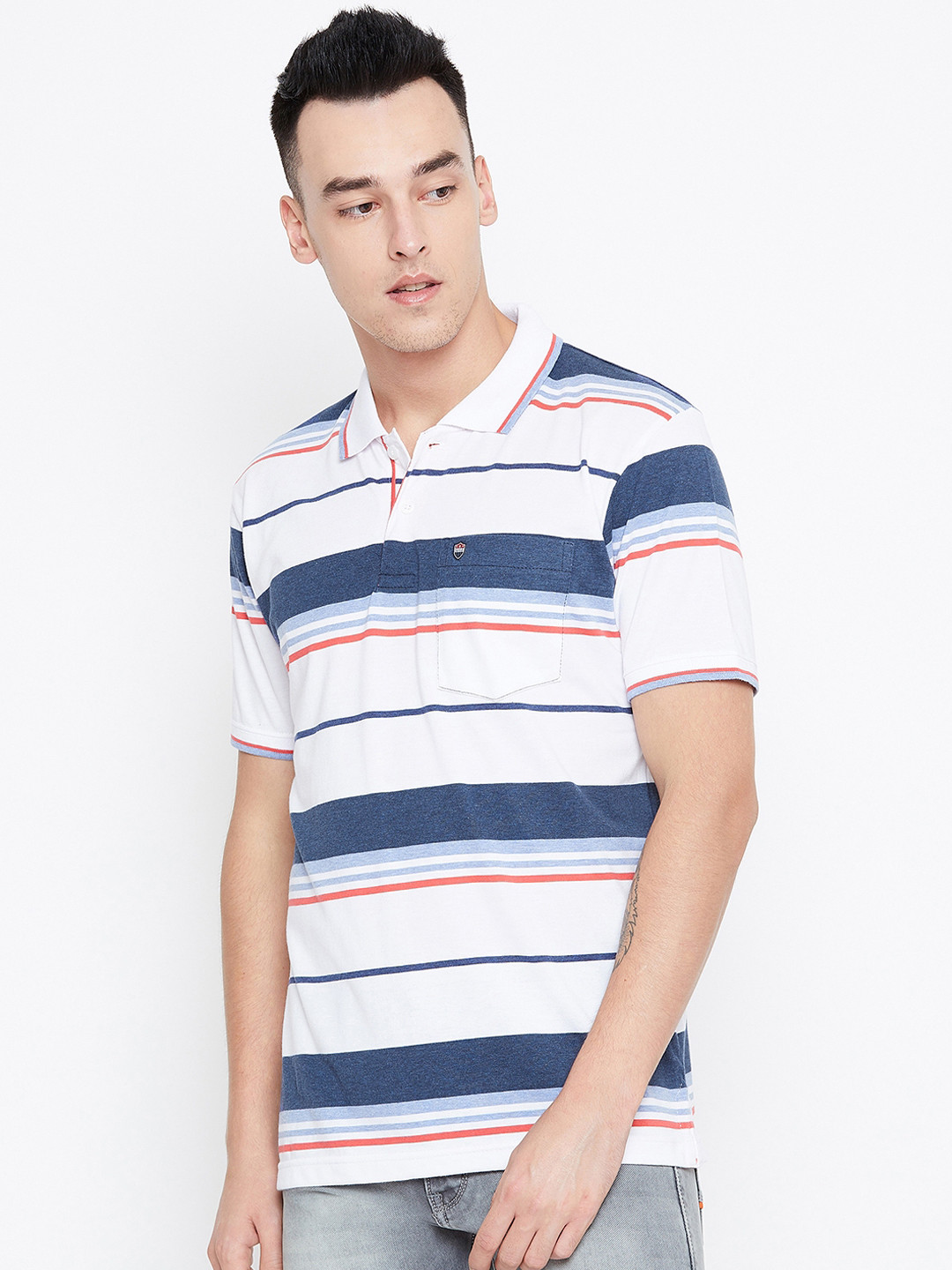 

Duke Men Blue & White Striped Polo Collar T-shirt