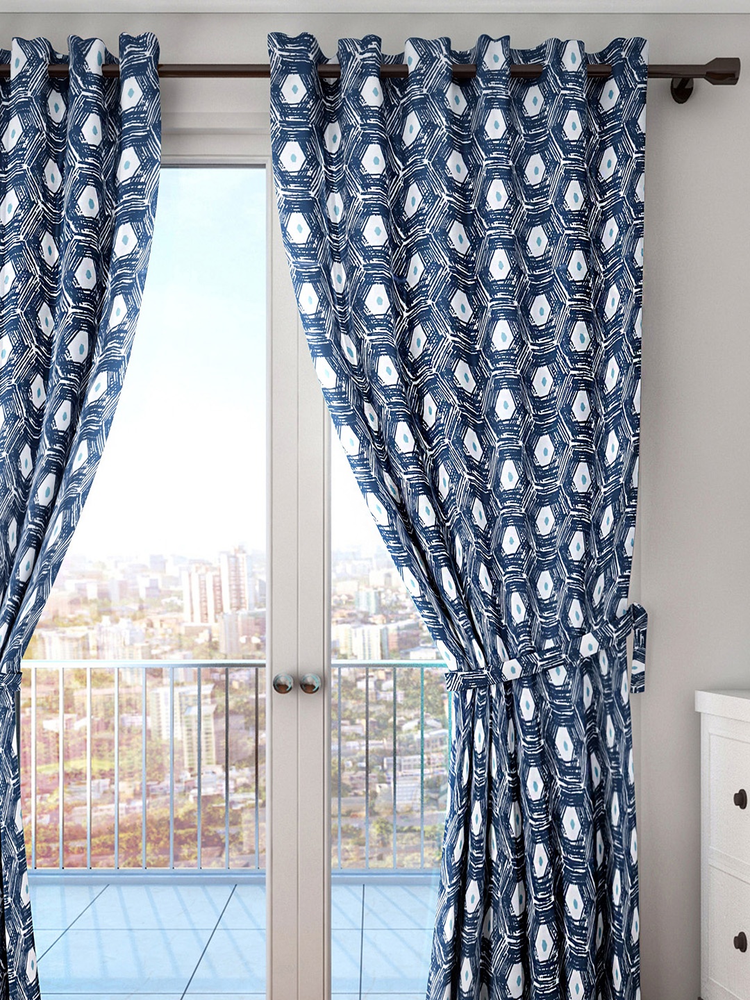 

HOUZZCODE White & Blue Single Geometric Printed Room Darkening Curtain