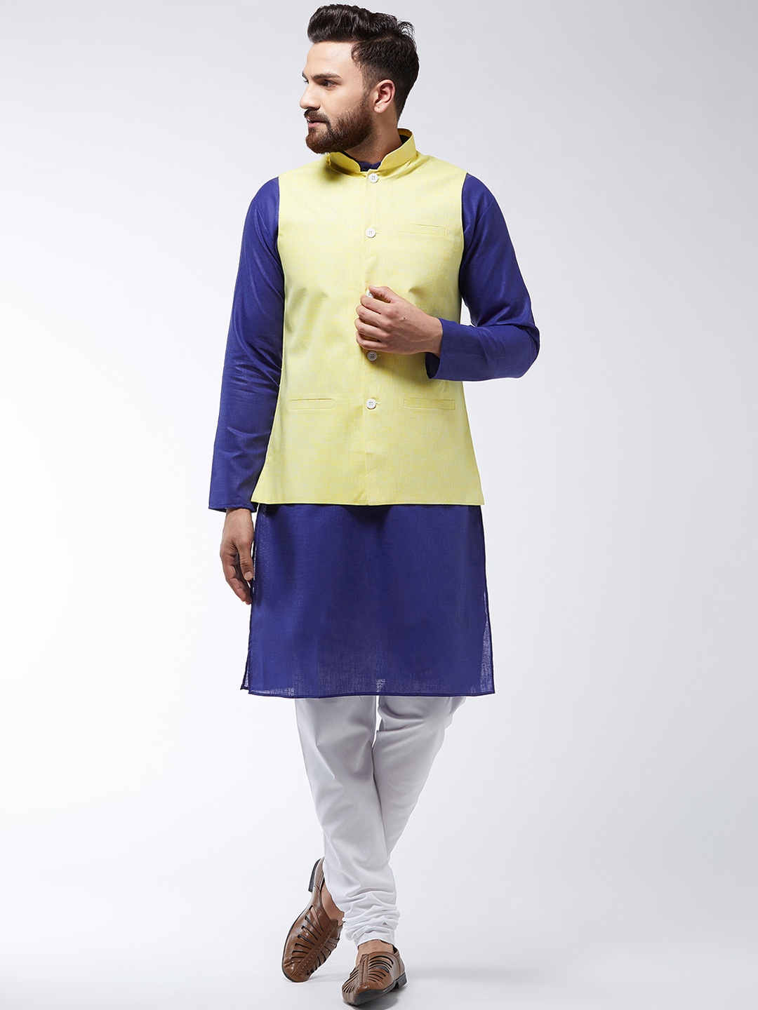 

SOJANYA Men Blue & Yellow Solid Kurta And Churidar With Jacket