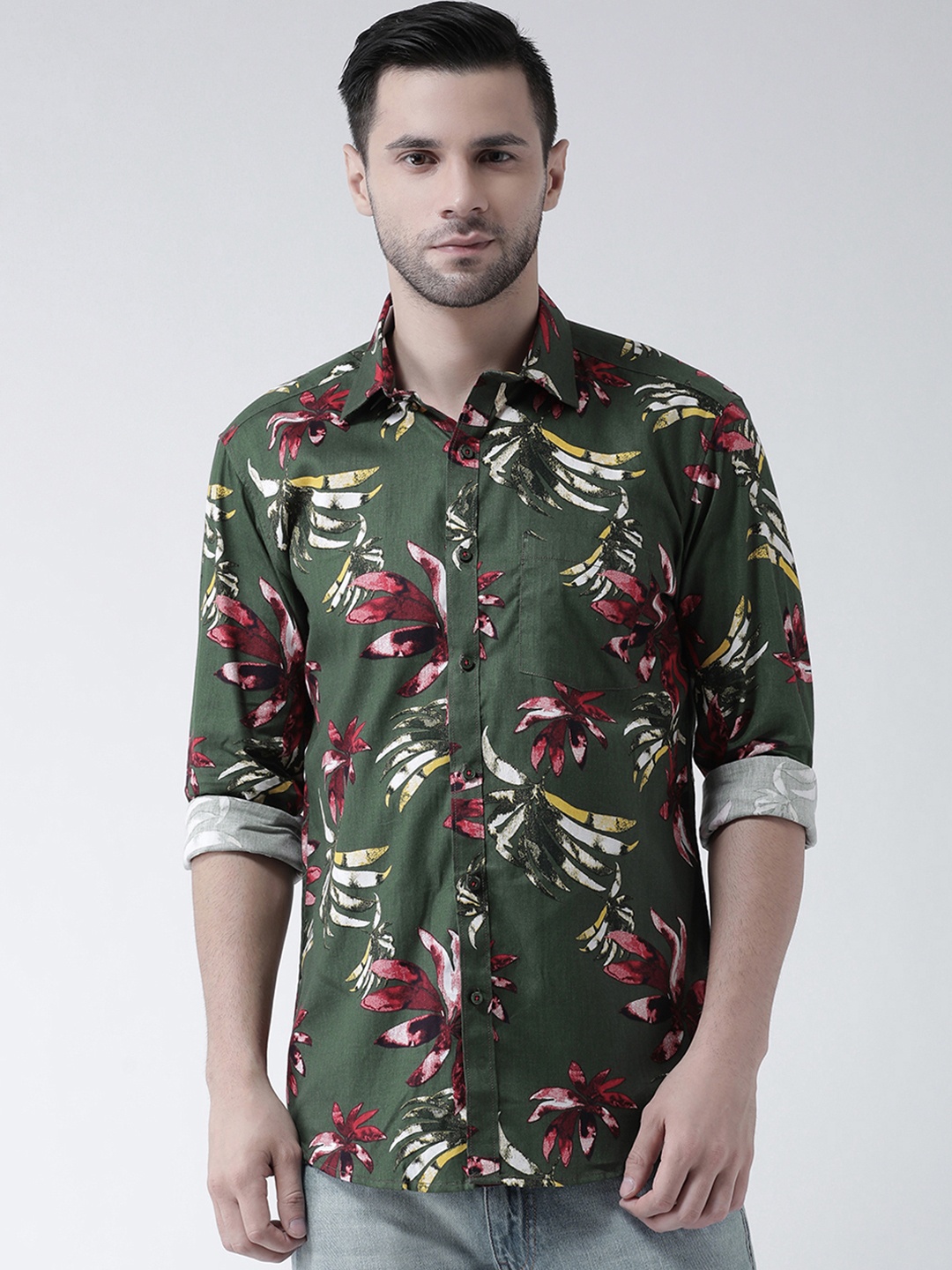 

Zeal Men Olive Green & Red Regular Fit Printed Casual Shirt