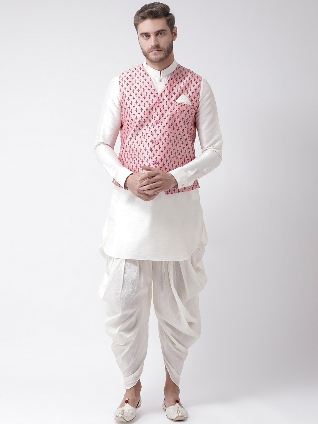 

DEYANN Men Off-White & Pink Printed Kurta with Patiala