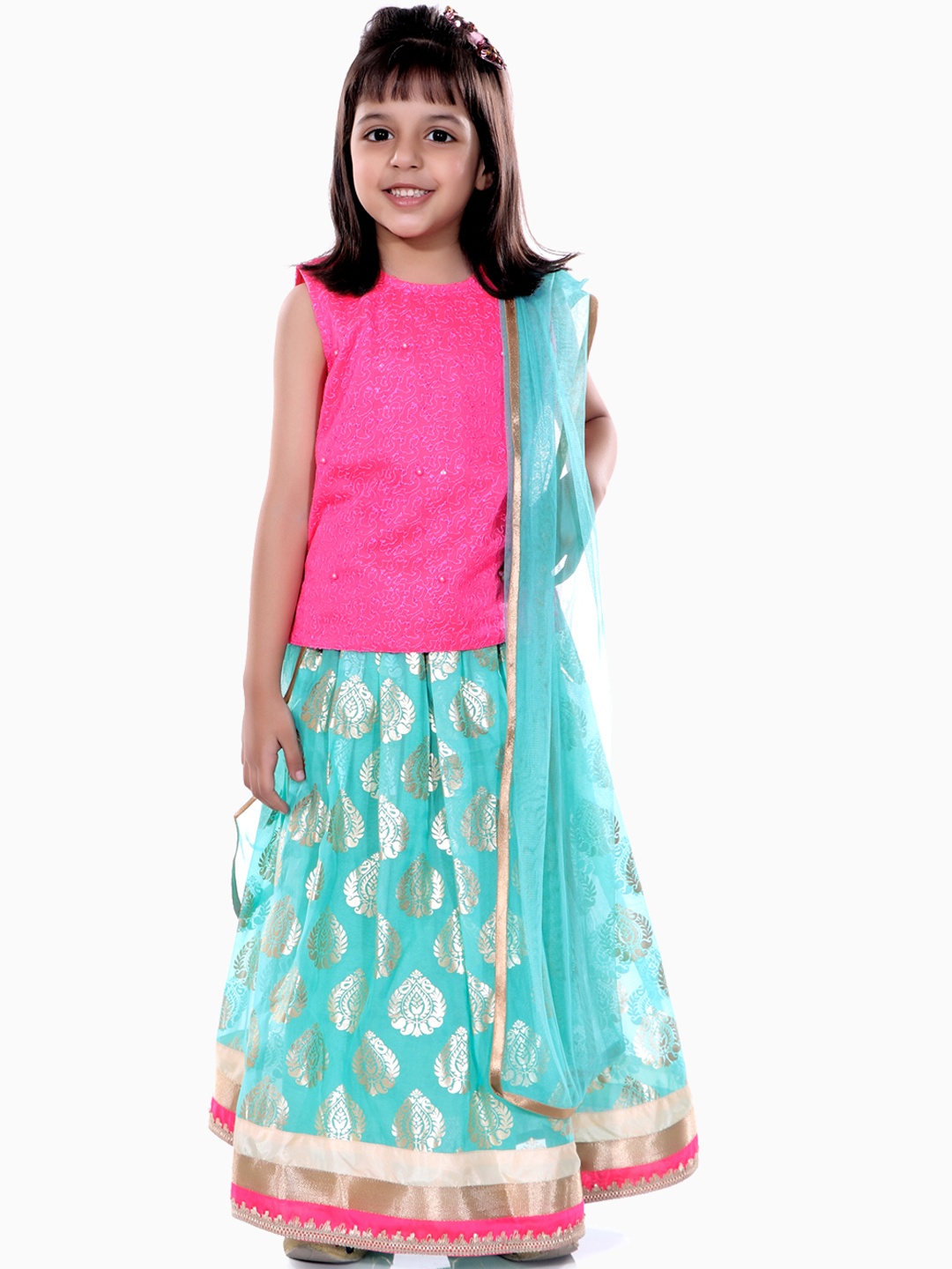 

naughty ninos Girls Fuchsia & Sea Green Embroidered Ready to Wear Lehenga & Blouse with Dupatta