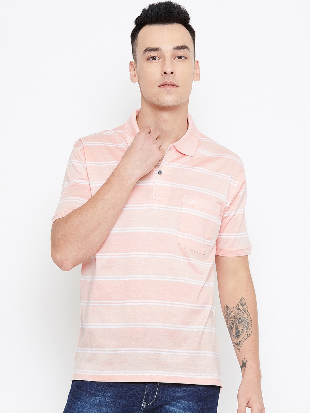 Duke Men Peach And White Striped Polo Collar T-shirt