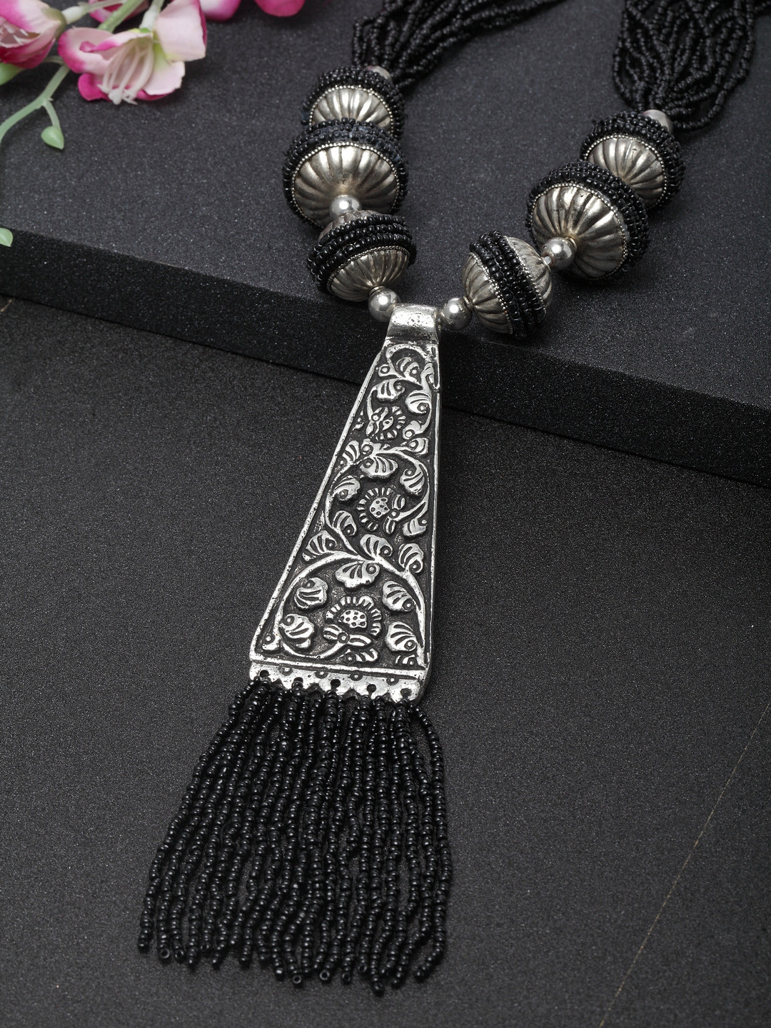 

Moedbuille Women Black German Silver Silver-Plated Tasselled Necklace