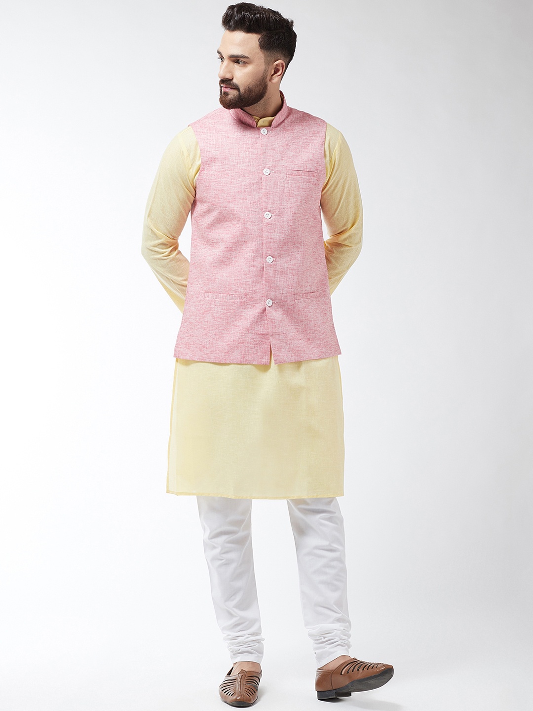 

SOJANYA Men Yellow & Coral Solid Kurta And Churidar With Jacket