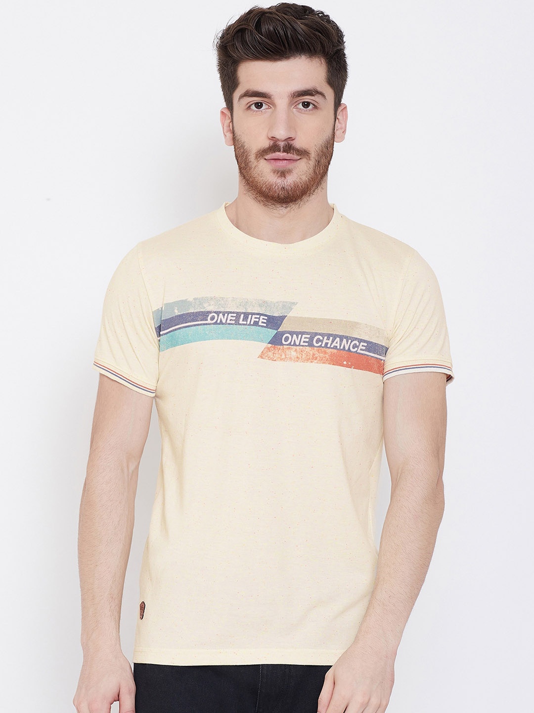 Duke Men Cream-Coloured Printed Round Neck T-shirt