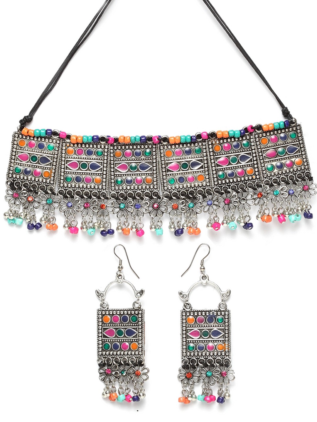

Moedbuille Women Silver-Plated Multicoloured Handcrafted Meenakari Jewellery Set, Multi