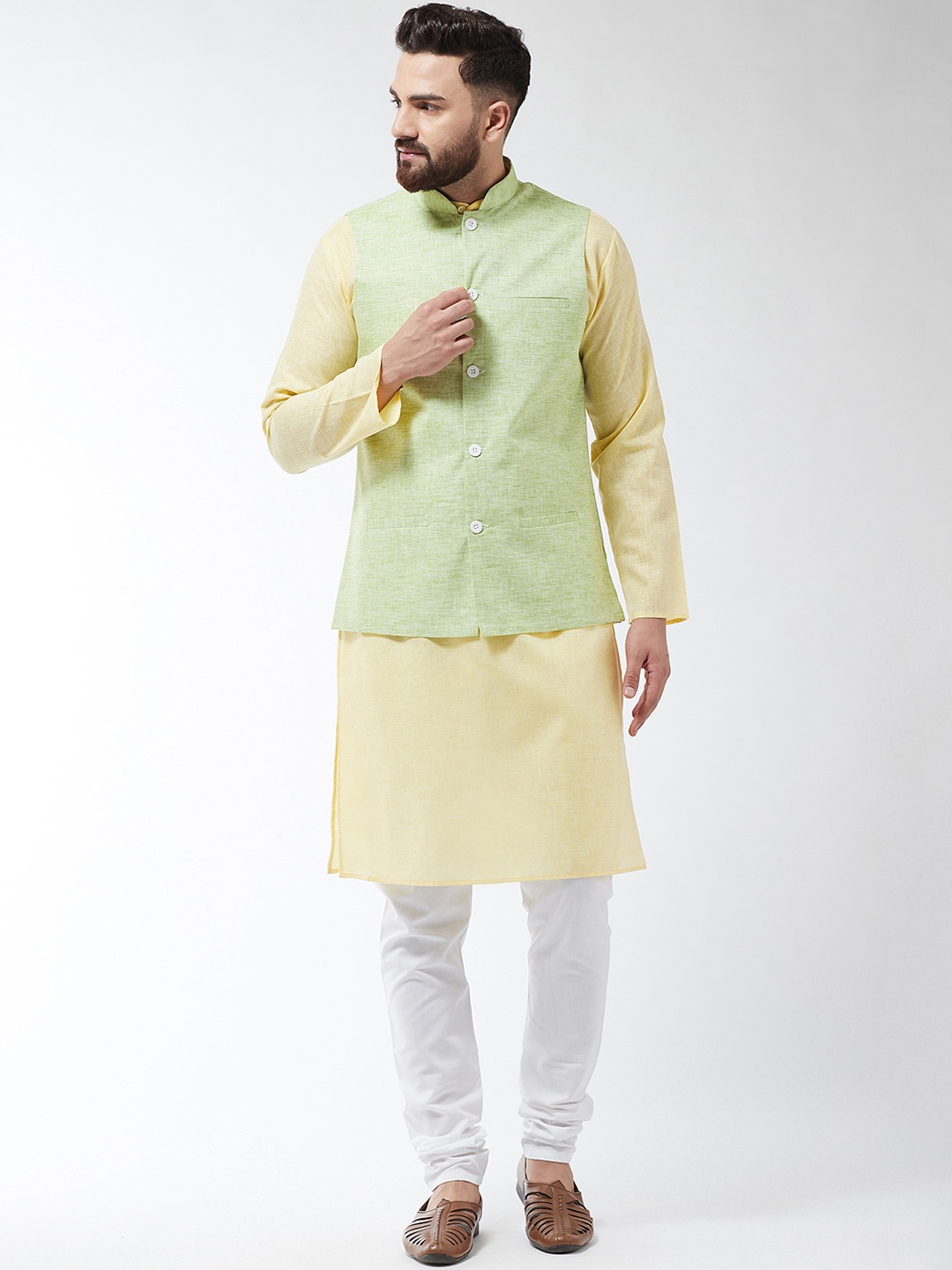 

SOJANYA Men Yellow & Green Solid Kurta And Churidar With Nehru Jacket