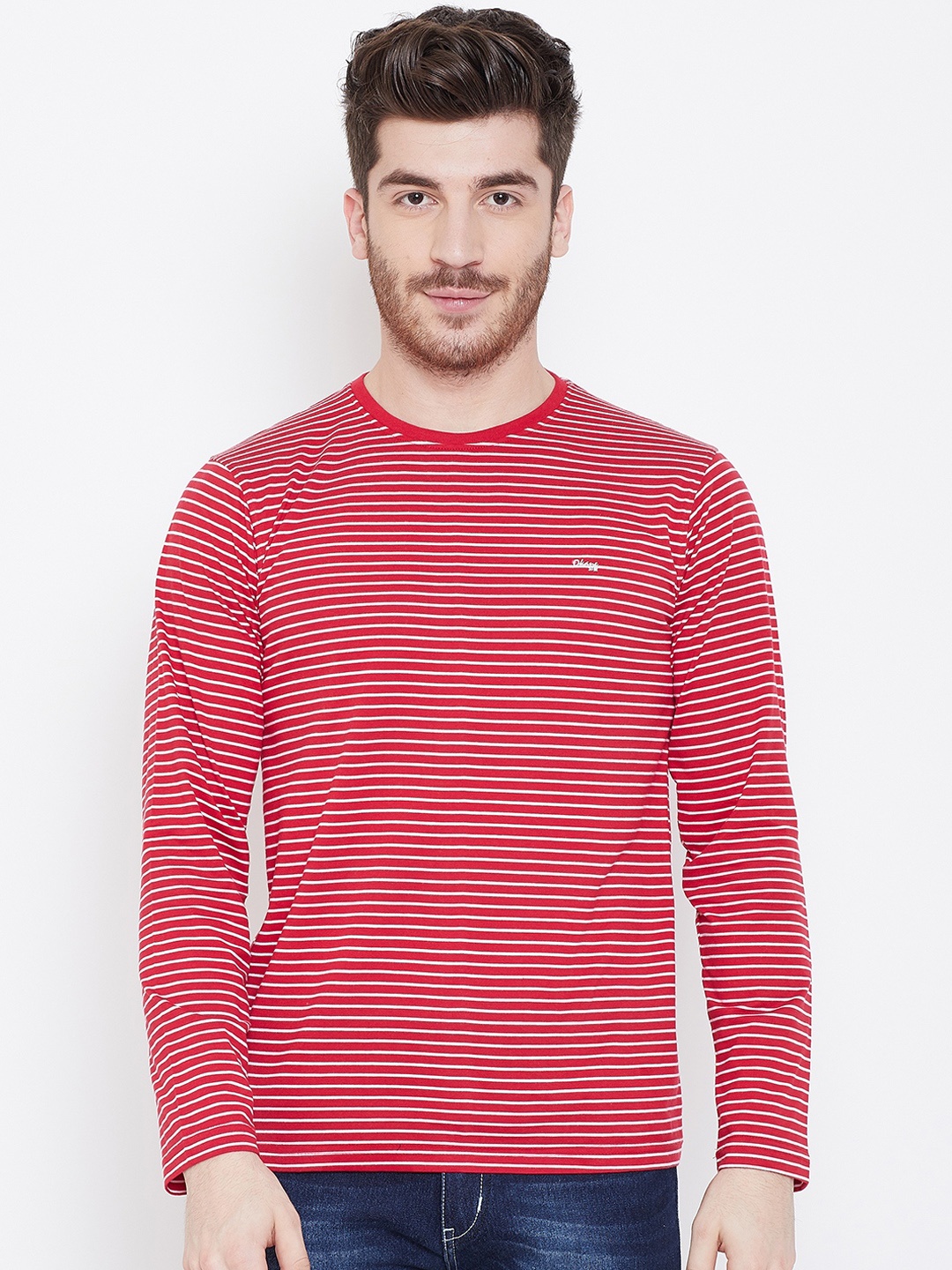 

Okane Men Red Striped Round Neck T-shirt