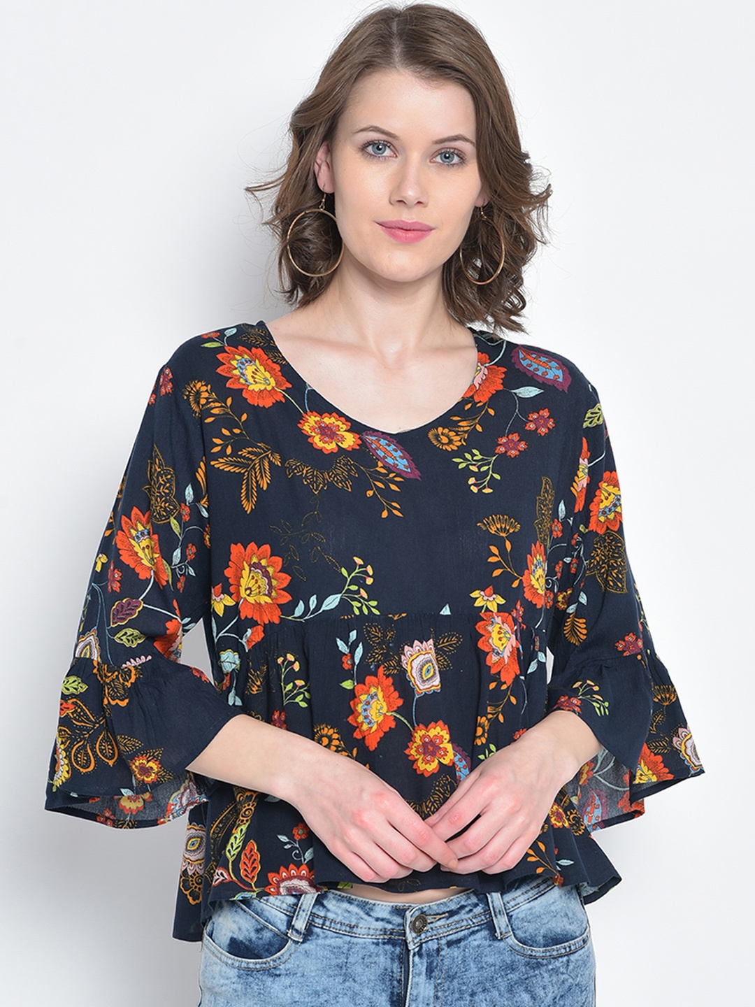 

Mayra Women Navy Blue & Orange Floral Printed A-Line Top