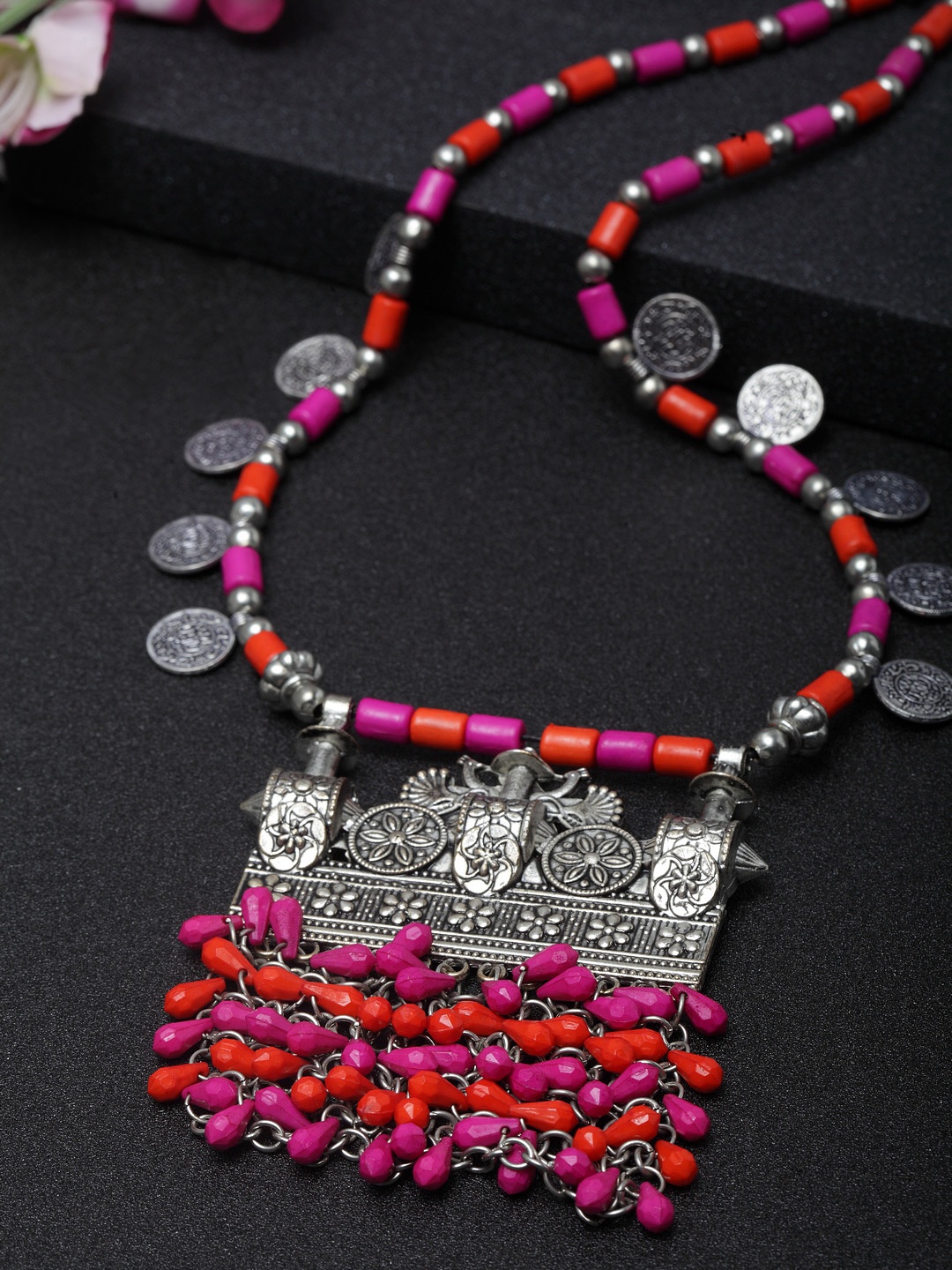

Moedbuille Silver-Plated Pink & Orange Handcrafted Tasselled Afghan Tribal Necklace