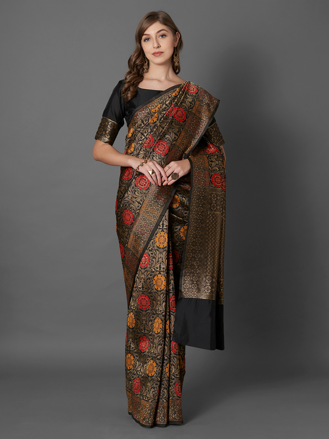 

Mitera Black & Gold-Toned Silk Blend Woven Design Banarasi Saree