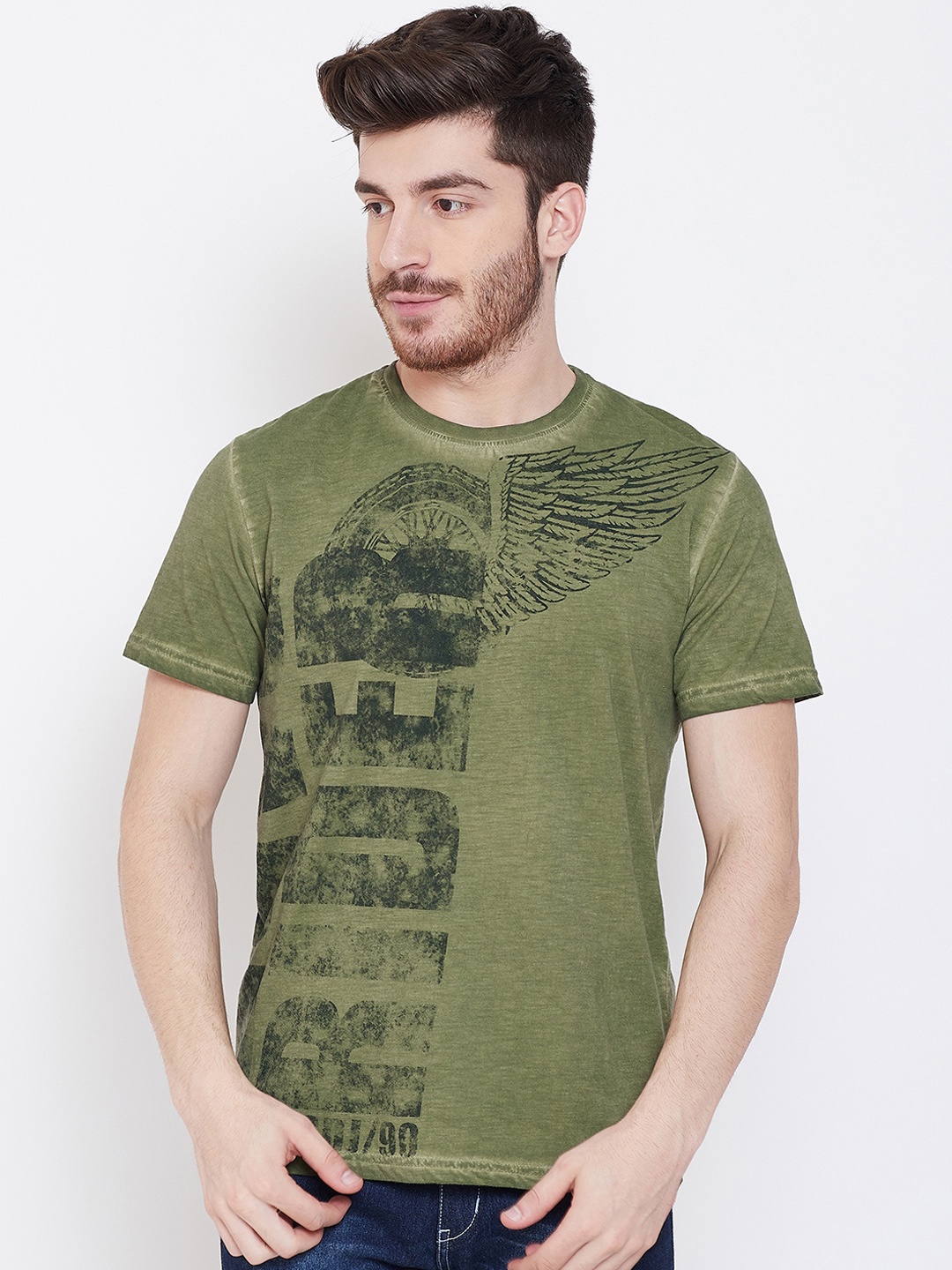 

Duke Men Olive Green Printed Round Neck T-shirt