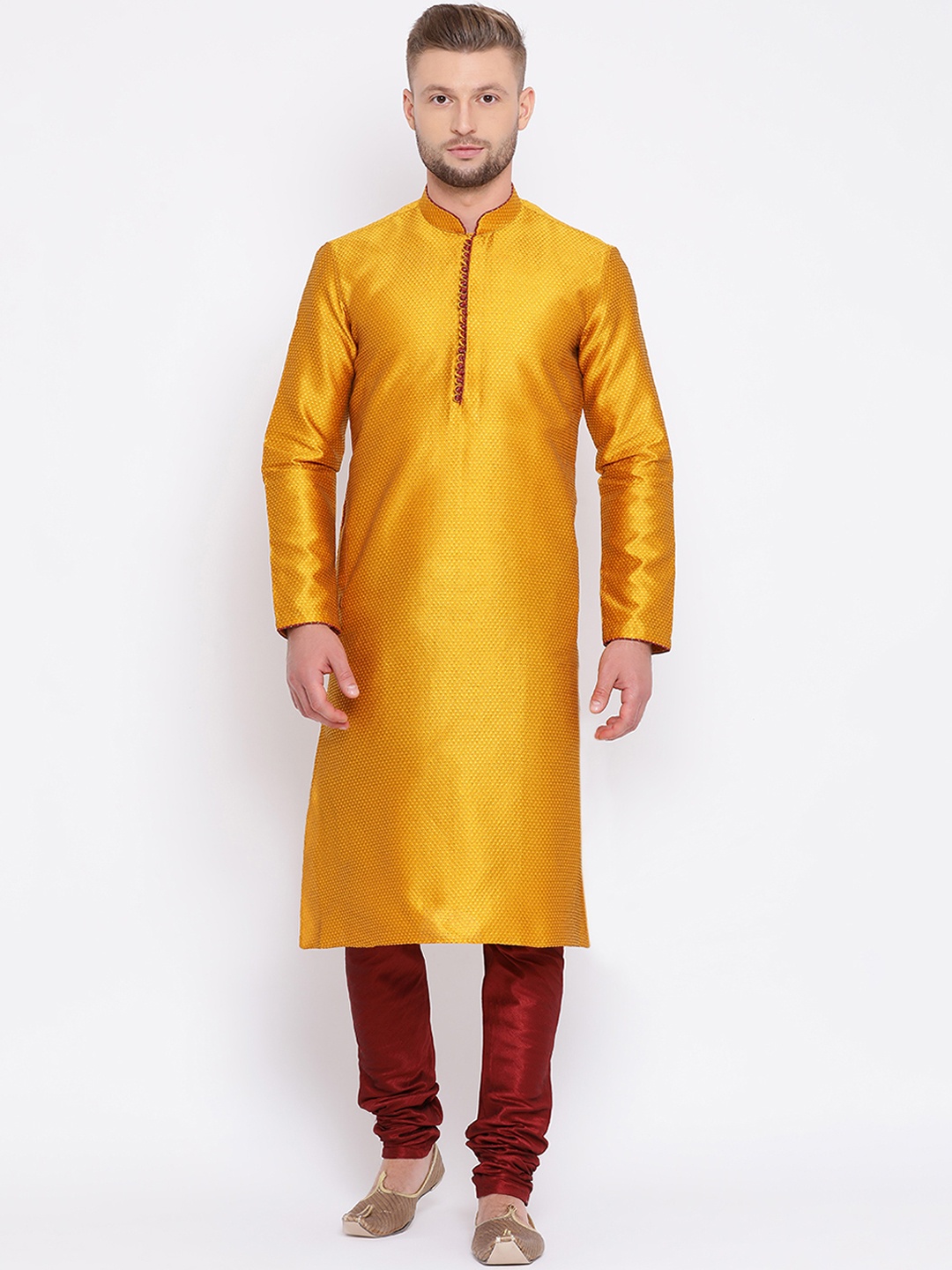 

Sanwara Men Mustard Yellow & Maroon Self Design Kurta with Churidar