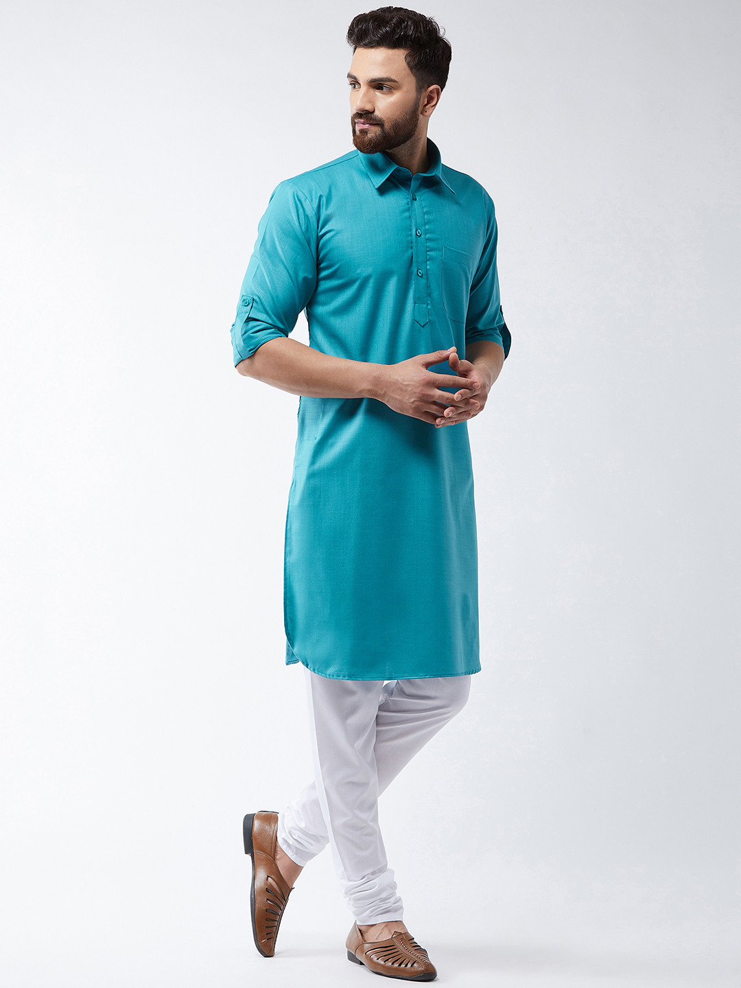 

SOJANYA Men Turquoise Blue & White Solid Kurta with Churidar