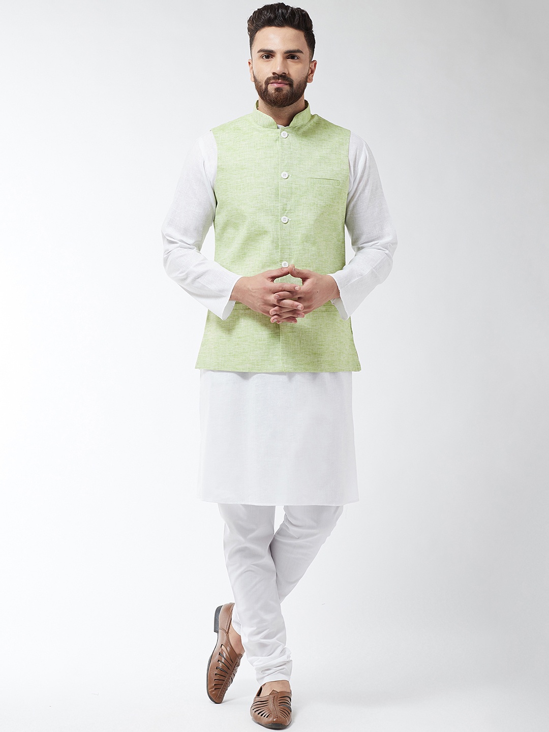 

SOJANYA Men White & Green Solid Kurta And Churidar With Nehru Jacket