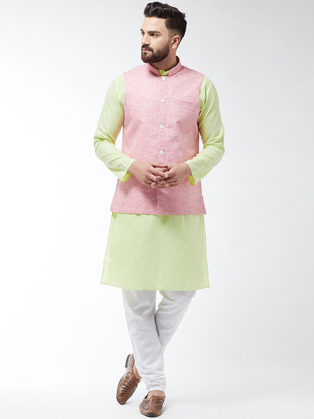 

SOJANYA Men Lime Green & Coral Solid Kurta And Churidar With Jacket