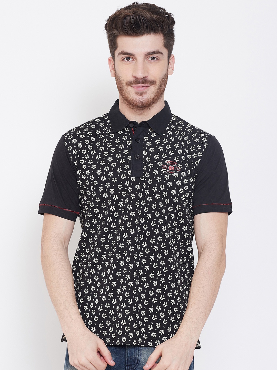 

Duke Men Black Printed Polo Collar T-shirt