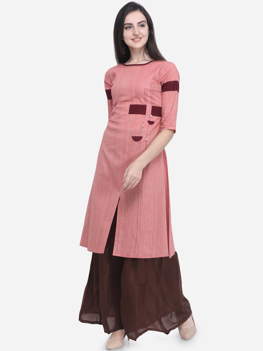 

Kvsfab Women Pink & Maroon Striped Straight Khadi Woven Kurta