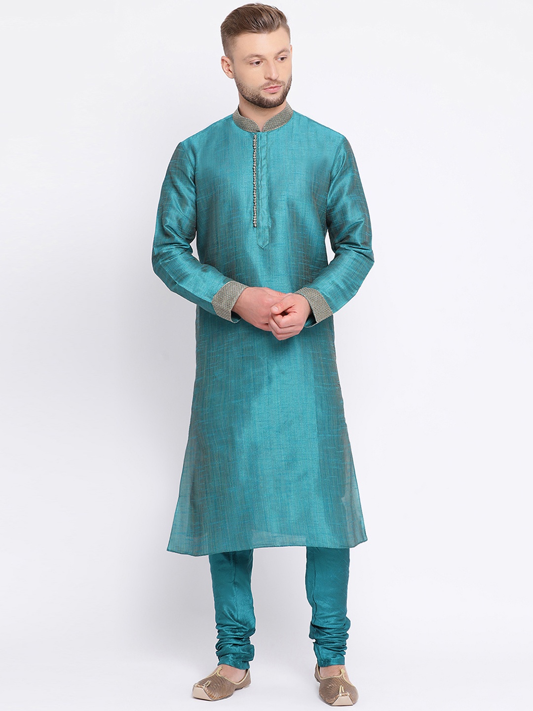 

Sanwara Men Green Solid Handloom Straight Kurta