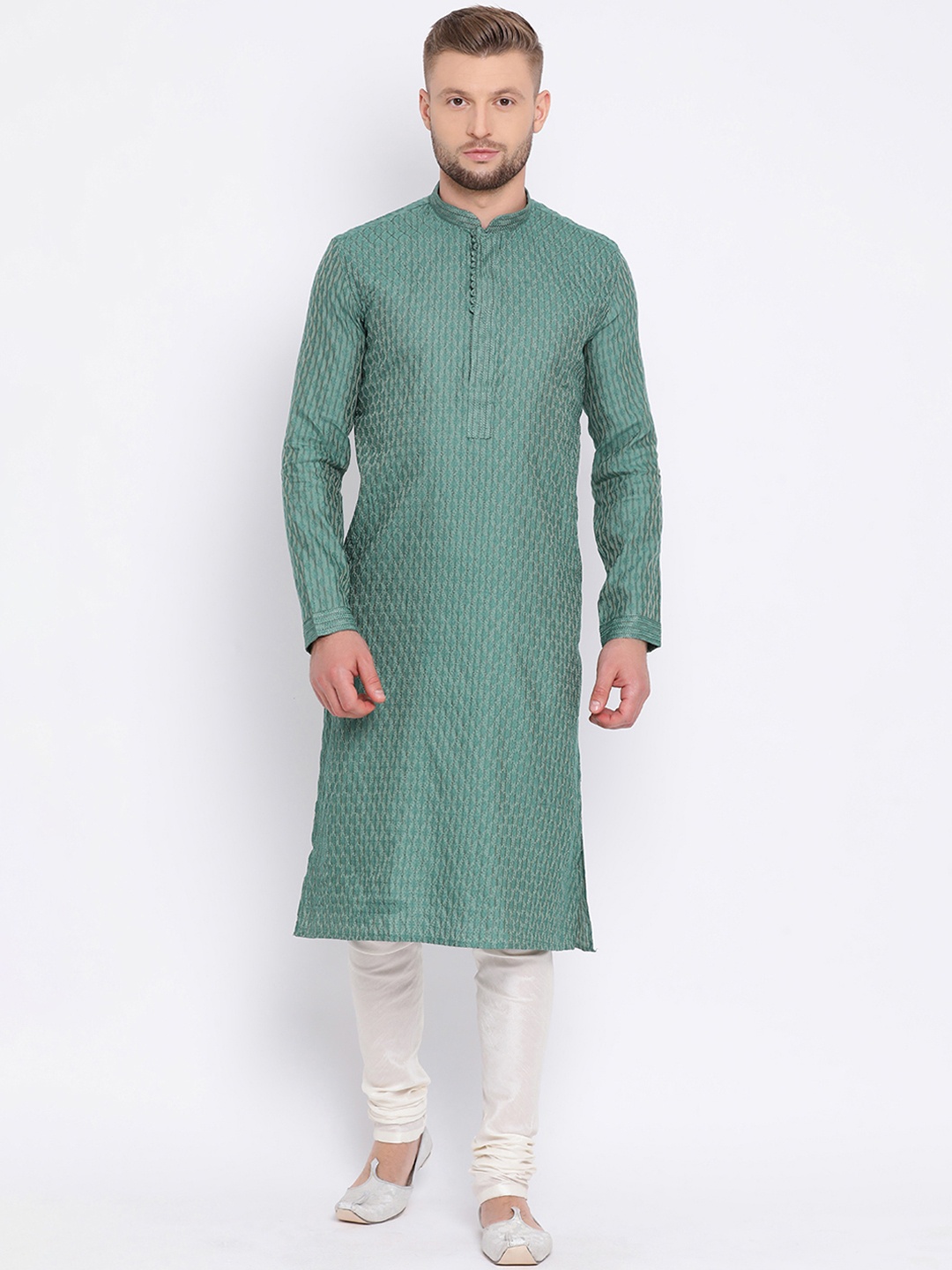 Sanwara Men Green & White Self Design Kurta with Churidar