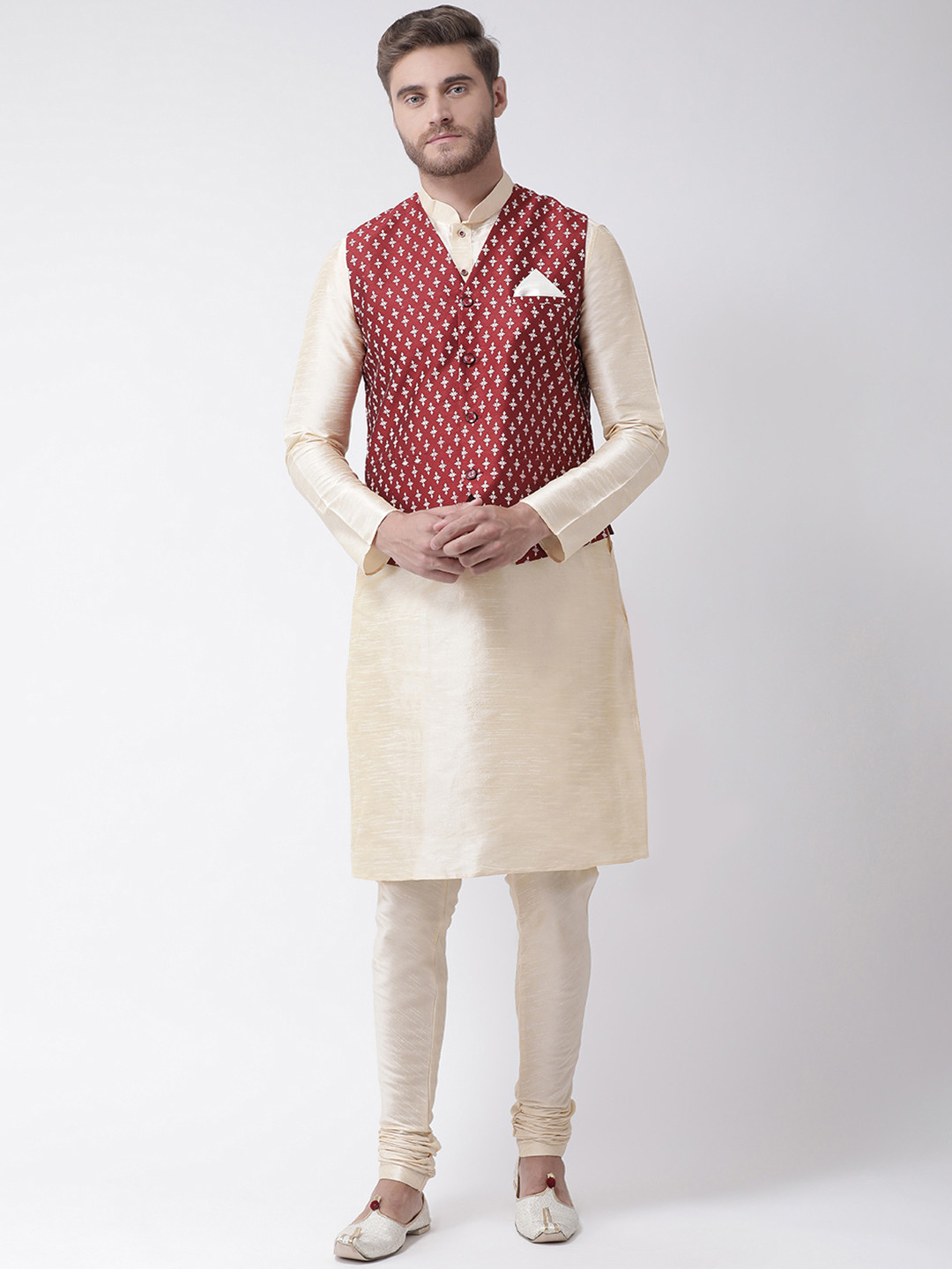 

DEYANN Men Cream-Coloured & Red Self Design Kurta with Churidar