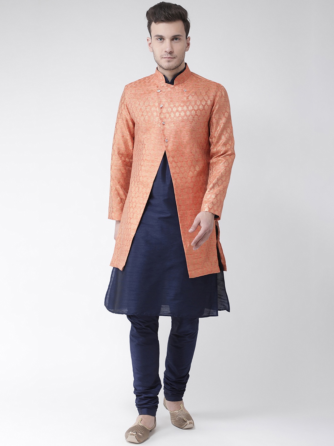 

DEYANN Men Orange & Navy Blue Sherwani With Achkan