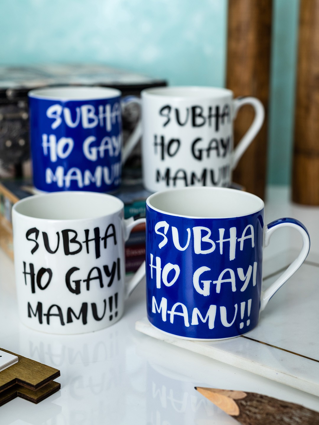 GOODHOMES Set of 4 White & Blue Bone China Printed Cups