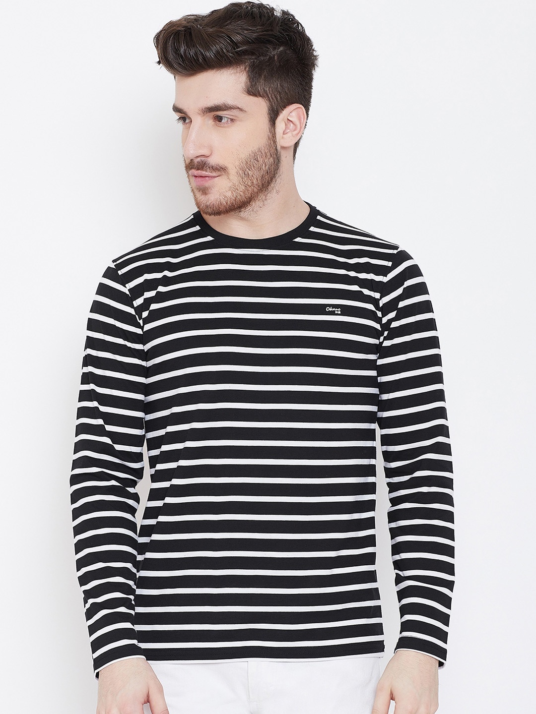 

Okane Men Black Striped Round Neck T-shirt